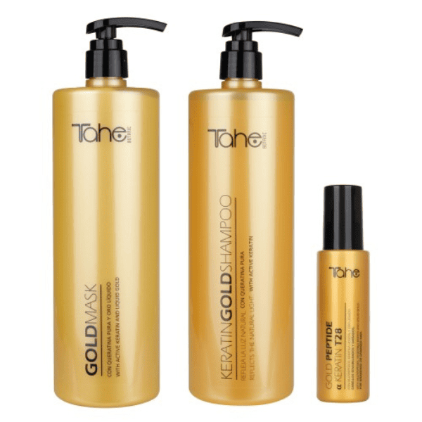 Tahe Botanic - Pack Keratin Gold OROLIQUIDO GOLD XXL (Champú Orolíquido 1000 ml + Mascarilla Orolíquido 1000 ml + Sérum T28 Peptide 100 ml)