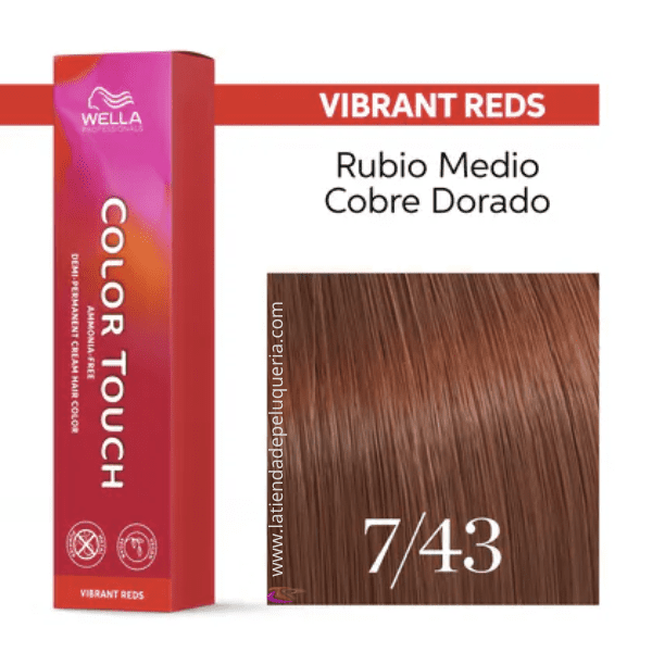 Wella - Baño COLOR TOUCH Vibrant Reds 7/43 Rubio Medio Cobre Dorado (sin amoníaco y vegano) 60 ml