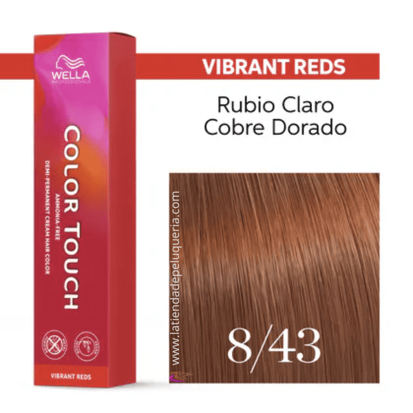 Wella - Baño COLOR TOUCH Vibrant Reds 8/43 Rubio Claro Cobre Dorado (sin amoníaco y vegano) 60 ml