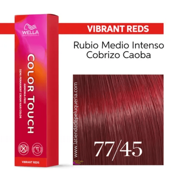 Wella - Baño COLOR TOUCH Vibrant Reds 77/45 Rubio Medio Intenso Cobrizo Caoba (sin amoníaco y vegano) 60 ml