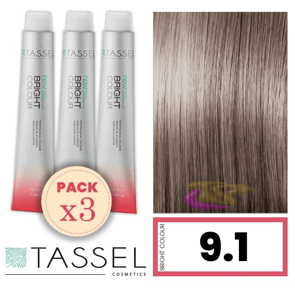 Tassel - Pack 3 Tintes BRIGHT COLOUR con Argán y Keratina Nº 9.1 RUBIO MUY CLARO CENIZA 100 ml