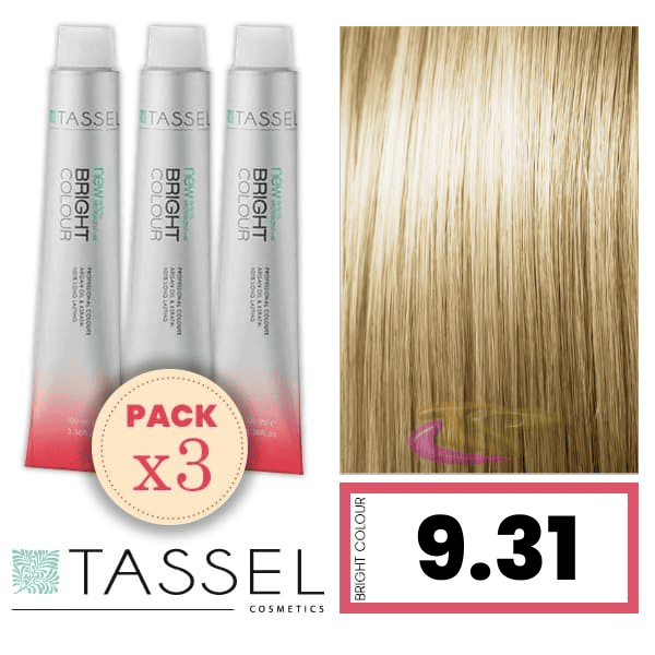 Tassel - Pack 3 Tintes BRIGHT COLOUR con Argán y Keratina Nº 9.31 RUBIO MUY CLARO DORADO CENIZA 100 ml